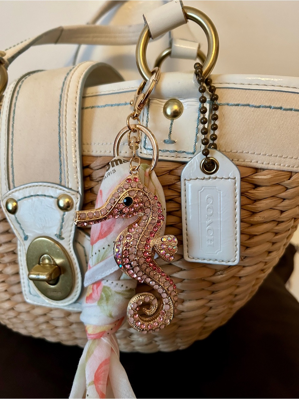 Coach Y2K wicker tote, with white trim and aqua blue stitch-ing. Purse Charm - Picture 7 of 10
